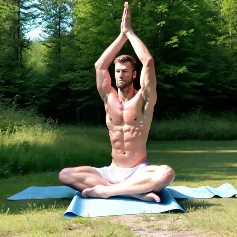 Man practicing yoga in a forest, seated on a blue mat in lotus pose with arms raised above head, palms together.