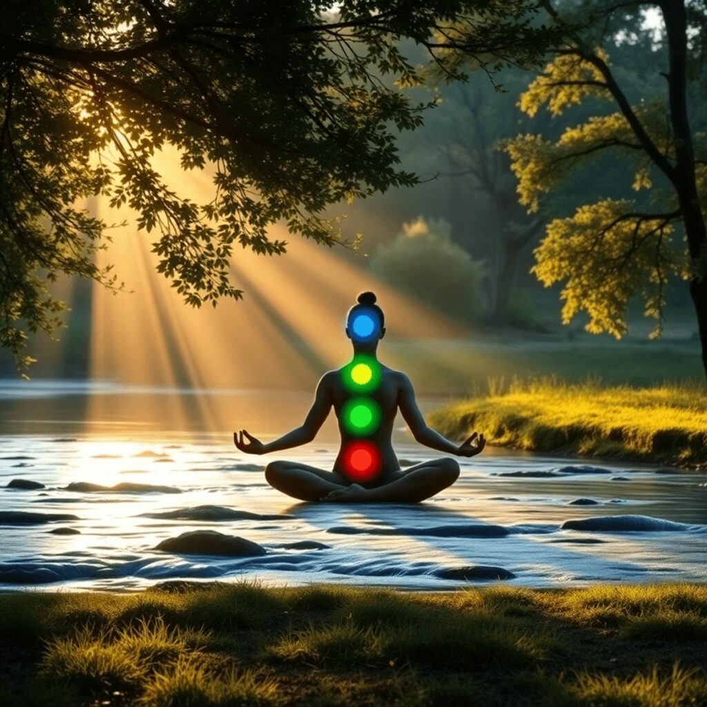 Une scène de yoga en plein air tranquille avec une douce lumière du soleil filtrant à travers les arbres, de l'eau qui coule et des symboles de cha...