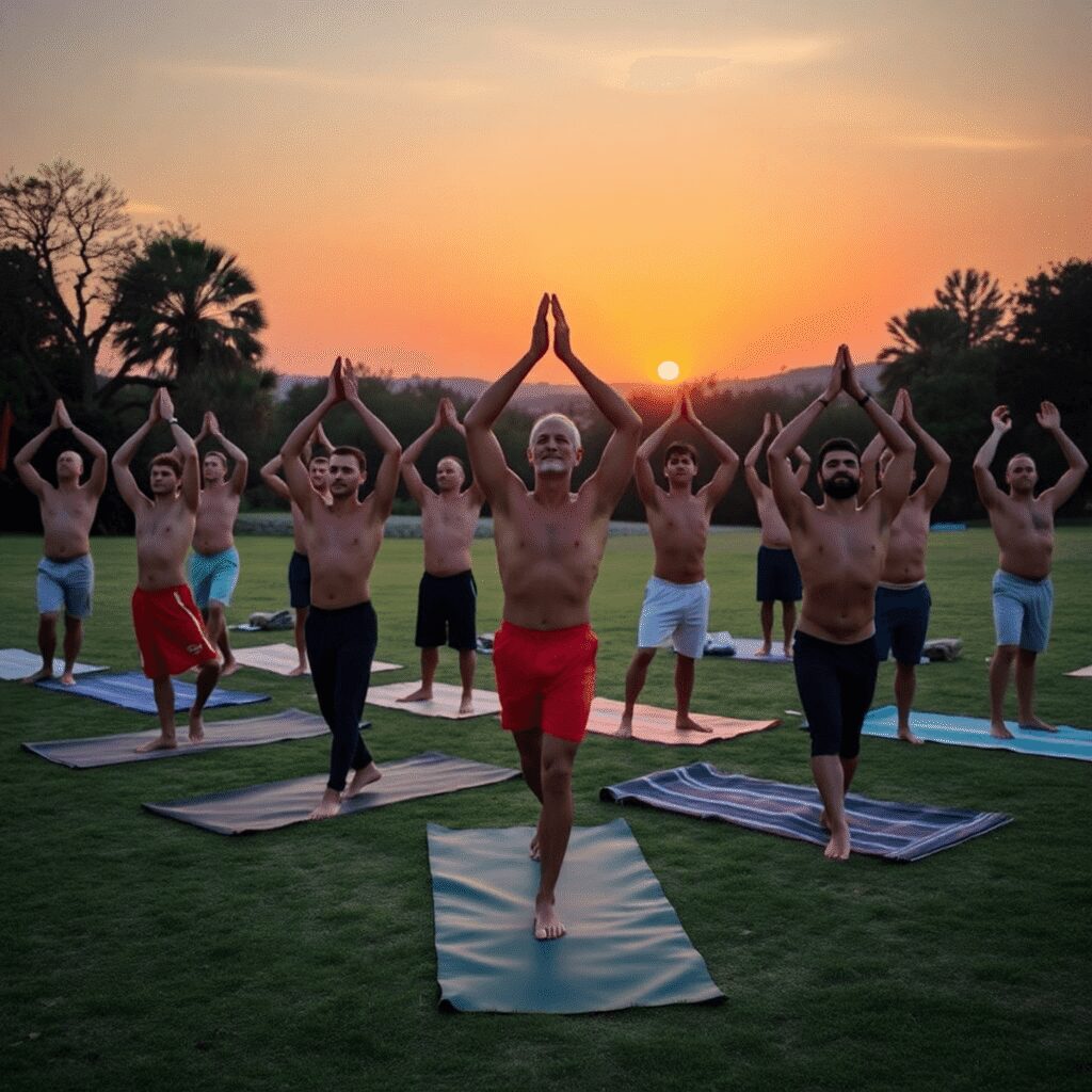 L’importance du non-jugement dans la communauté du yoga naturiste masculin Un groupe d'hommes pratiquant le yoga en plein air au lever du soleil dans un cadre naturel paisible, promouvant la pleine conscience et la positiv...