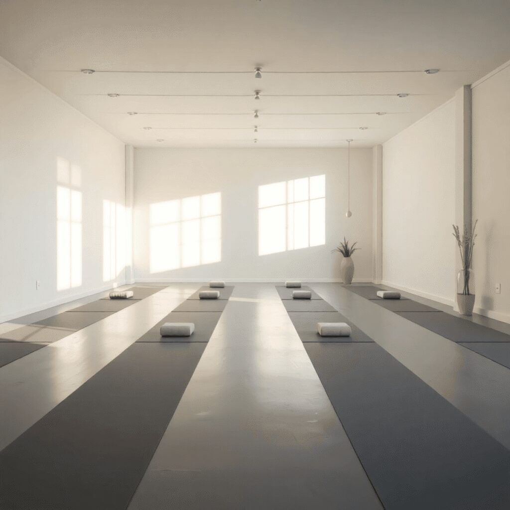 Un studio de yoga paisible avec une lumière naturelle, des tapis et des coussins soigneusement arrangés dans un espace minimaliste, calme et accuei...