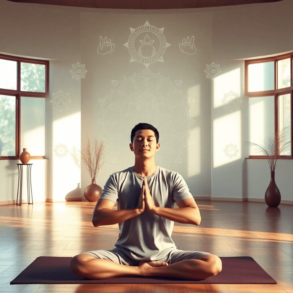 L’influence positive du collectif masculin sur le bien-être mental en yoga nu Un homme calme pratiquant le yoga dans un studio serein avec une douce lumière naturelle et des symboles de respiration et de flux d'énergie autour...