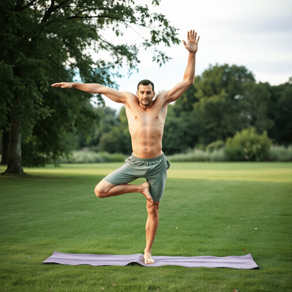 Les postures d’équilibre essentielles pour renforcer la stabilité en yoga naturiste masculin Un homme en forme, pieds nus sur l'herbe, pratiquant une posture de yoga équilibrée en plein air, entouré par la nature, symbolisant la liberté, la...