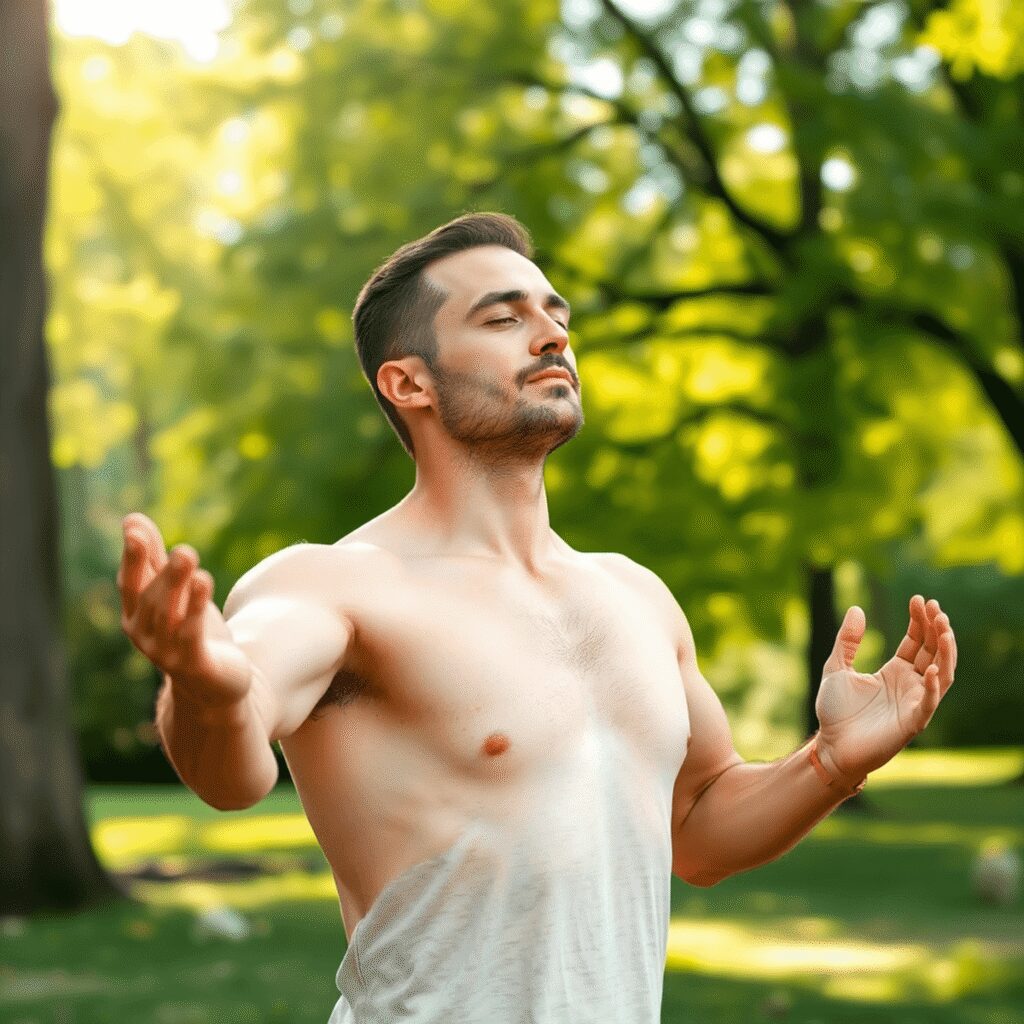 Renforcer sa vitalité grâce au pranayama spécifique au yoga naturiste pour hommes Un homme en forme pratiquant la respiration pranayama en plein air parmi les arbres et la douce lumière du soleil, dégageant calme et connexion ave...