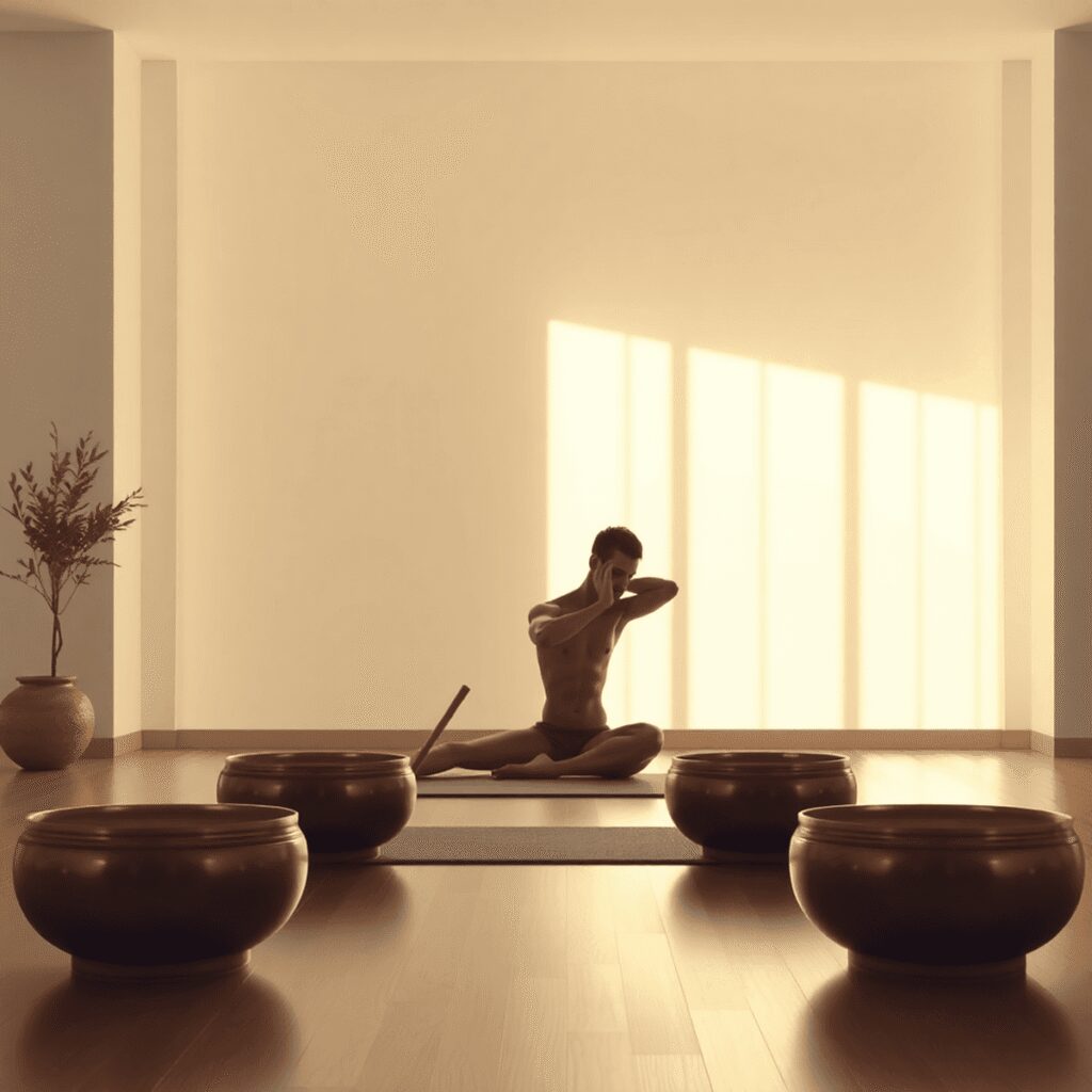Comment intégrer la méditation sonore dans sa routine de yoga nu masculine Un studio de yoga paisible avec une douce lumière naturelle, des bols chantants tibétains et la silhouette d'une personne pratiquant le yoga nu ent...