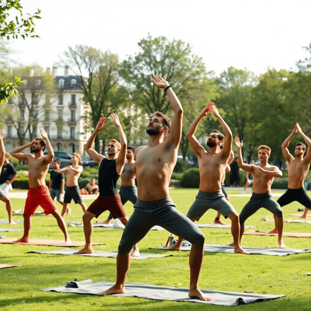 Interview exclusive : Daniel partage sa vision du yoga naturiste pour hommes à Paris Des hommes pratiquant le yoga dans un parc parisien luxuriant sous un doux soleil, vêtus d'une tenue minimaliste, entourés de verdure dans un cadre...