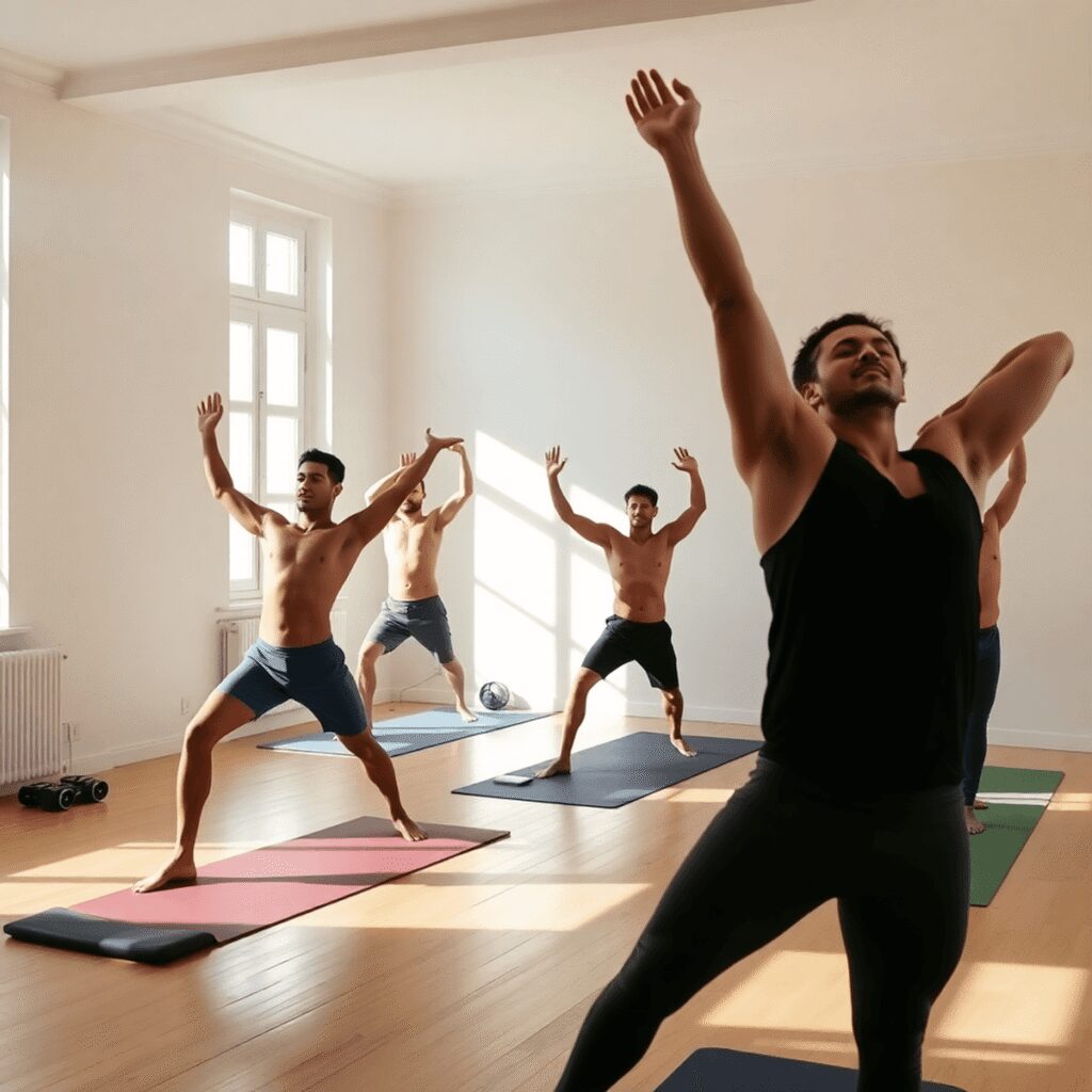 Yoga naturiste pour hommes LGBTQ+ : bâtir une communauté inclusive à Paris Des hommes pratiquant le yoga dans un studio parisien lumineux et serein, favorisant une atmosphère détendue et bienveillante promouvant la positiv...