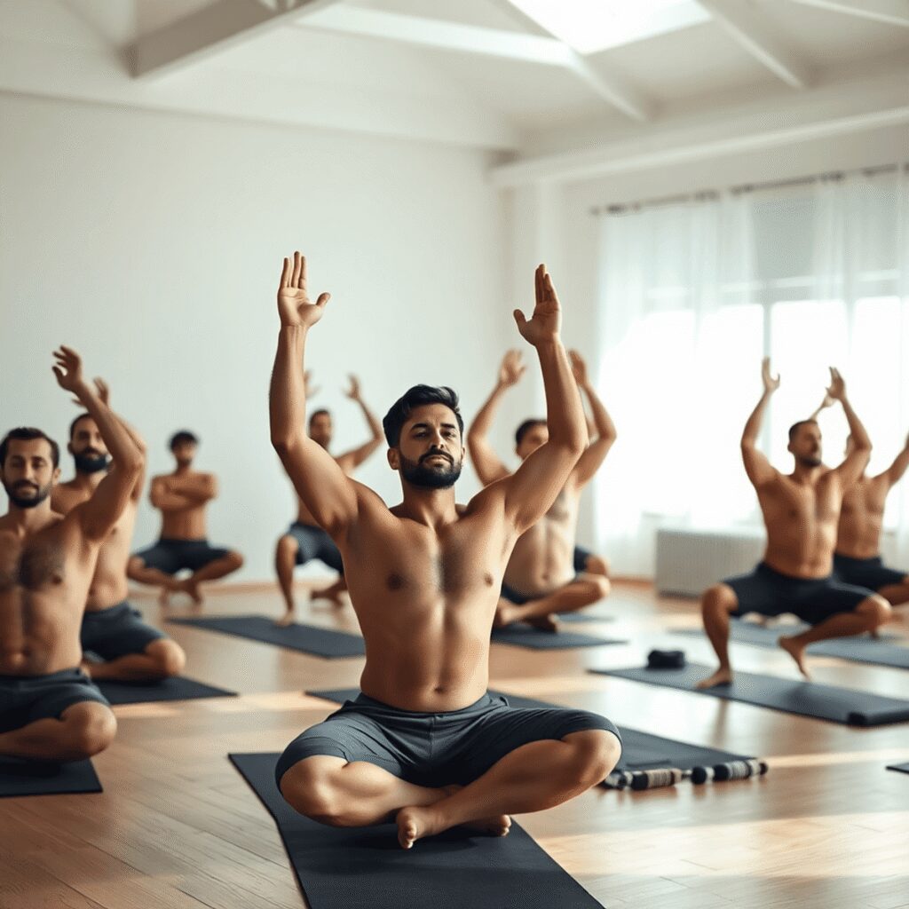 Comment aborder l’intimité émotionnelle dans un groupe de yoga nu masculin Des hommes pratiquant le yoga dans un studio serein avec une douce lumière naturelle, favorisant une atmosphère calme et supportive.