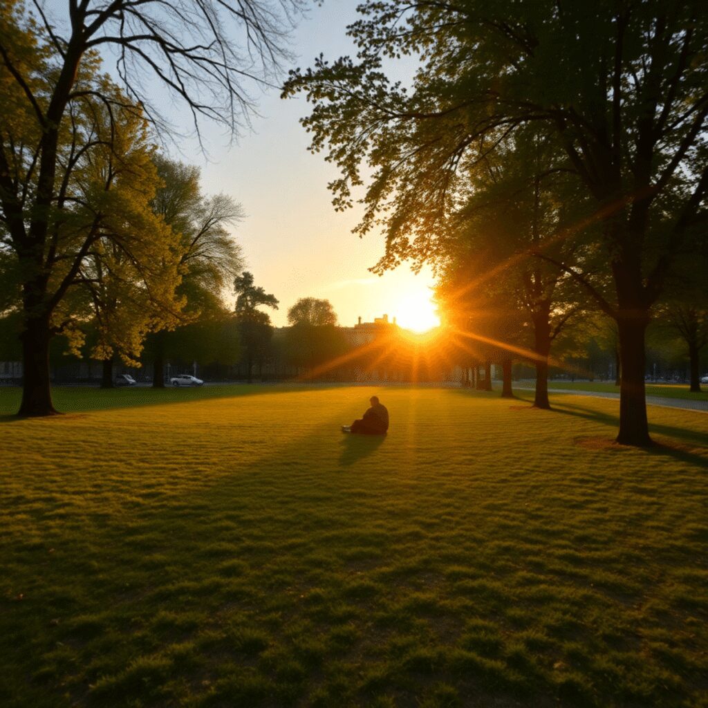 Pratiquer le yoga nu en extérieur à Paris : lieux insolites et recommandations essentielles Lever de soleil sur un parc tranquille de Paris avec une verdure luxuriante et une lumière douce, mettant en valeur un cadre naturel paisible sans ...