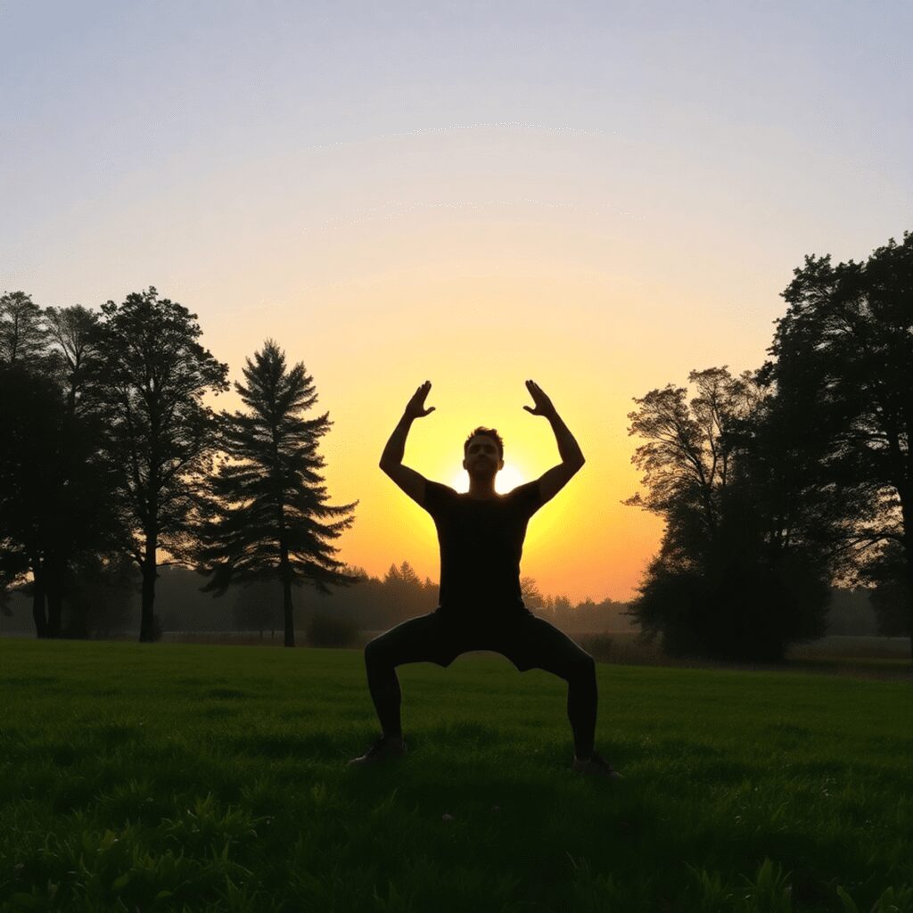 Yoga naturiste et sommeil réparateur : routines nocturnes pour hommes actifs Silhouette d'une personne pratiquant le yoga sur l'herbe au coucher du soleil, entourée d'arbres dans un cadre naturel paisible.