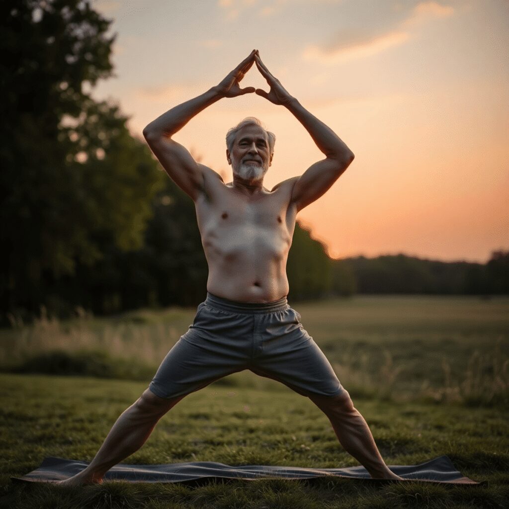 Yoga nu après 50 ans : adapter sa pratique aux besoins spécifiques des seniors masculins Un homme en forme de plus de 50 ans pratiquant le yoga nu en plein air au lever du soleil, montrant confiance en son corps et harmonie dans un cadr...