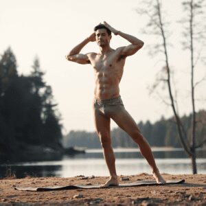 Les chartes Un homme en forme pratiquant le yoga nu dans une forêt paisible au bord d'un lac calme, baigné d'une douce lumière naturelle, symbolisant la pleine...