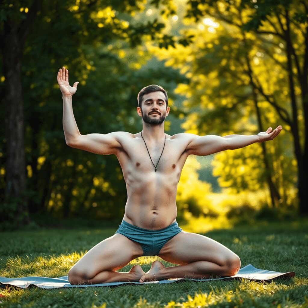 Comment intégrer la gratitude dans sa pratique du yoga naturiste masculin Un homme pratiquant le yoga en plein air au lever du soleil, entouré de verdure, avec une douce lumière du soleil mettant en valeur une atmosphère ...
