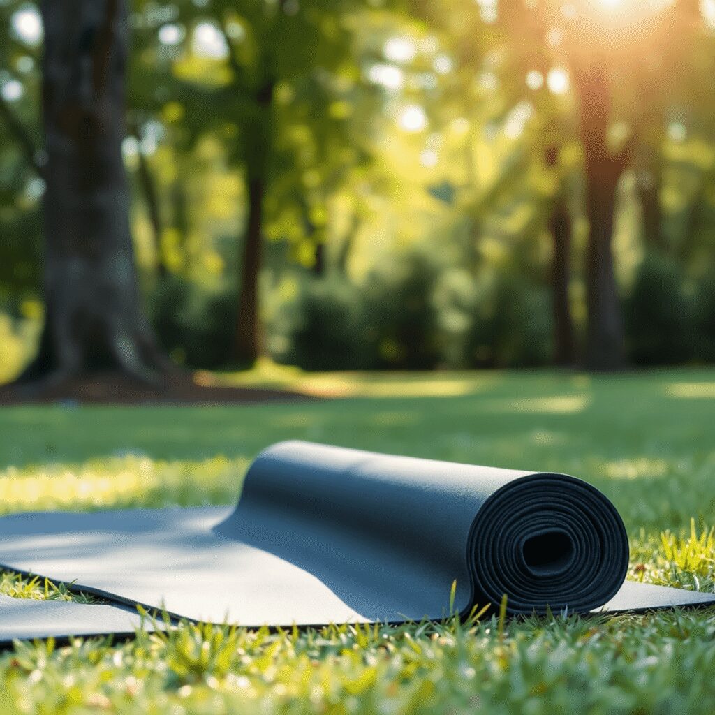 Un tapis de yoga antidérapant sur l'herbe avec une douce lumière du soleil filtrant à travers les arbres, créant un cadre paisible pour le yoga en ...
