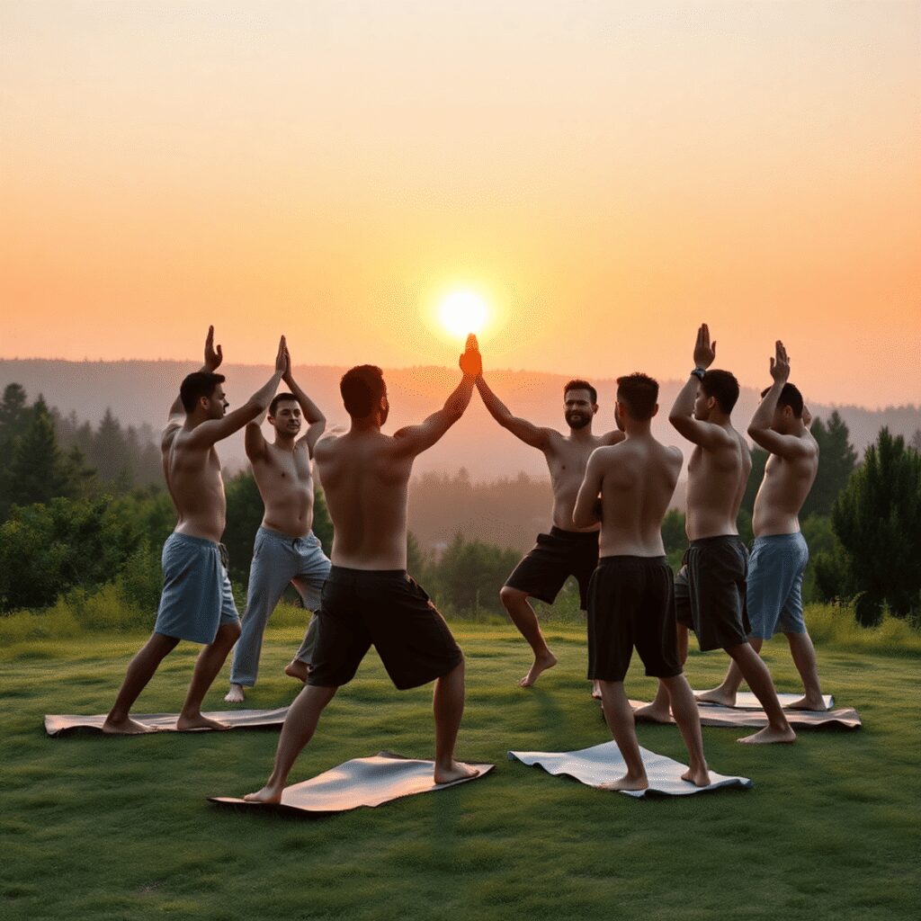 La symbolique du cercle dans les pratiques collectives de yoga nu entre hommes Un groupe d'hommes pratiquant le yoga nu dans un cadre naturel paisible au lever du soleil, formant un cercle serein symbolisant l'unité et l'harmo...