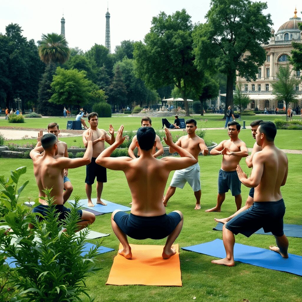 Créer un cercle d’amitié autour du yoga nu : rencontres, échanges et soutien entre pratiquants masculins à Paris Un groupe d'hommes pratiquant le yoga nu en cercle dans un parc parisien luxuriant avec des monuments emblématiques en arrière-plan par une journée...