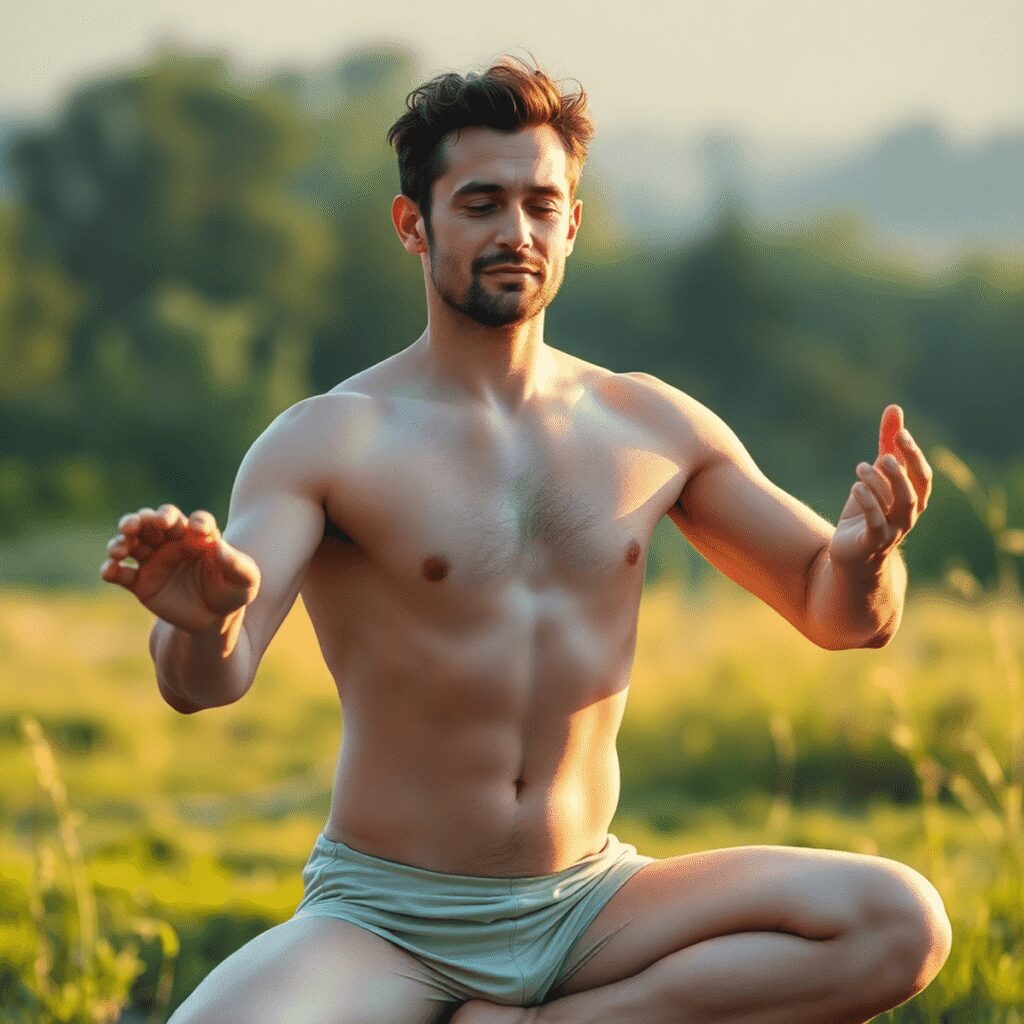 Un homme en forme pratiquant le yoga nu en plein air au lever du soleil, entouré d'une lumière douce et d'une végétation délicate, symbolisant l'éq...