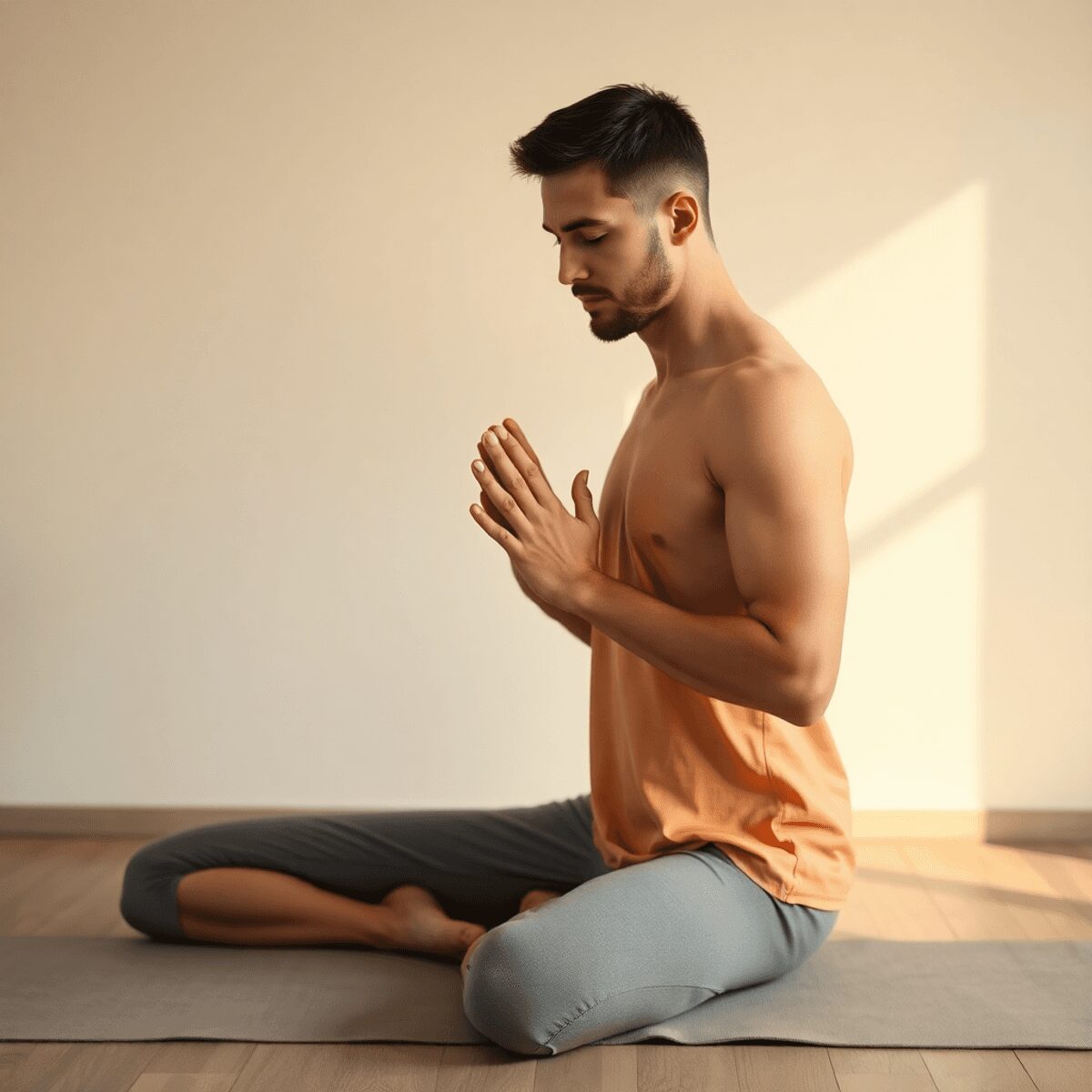 Le toucher conscient comme outil d’évolution personnelle lors des séances de yoga nu entre hommes Deux hommes pratiquant le yoga dans un cadre naturel minimaliste, touchant doucement leurs mains avec une lumière douce et chaude et des lignes flu...