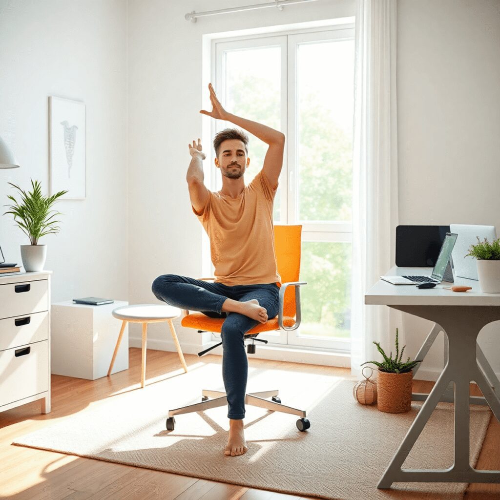 Pratiquer le yoga énergétique sur chaise : solutions accessibles en télétravail prolongé Personne faisant des étirements de yoga assis sur une chaise dans un bureau à domicile lumineux avec un ordinateur portable et la lumière naturelle...