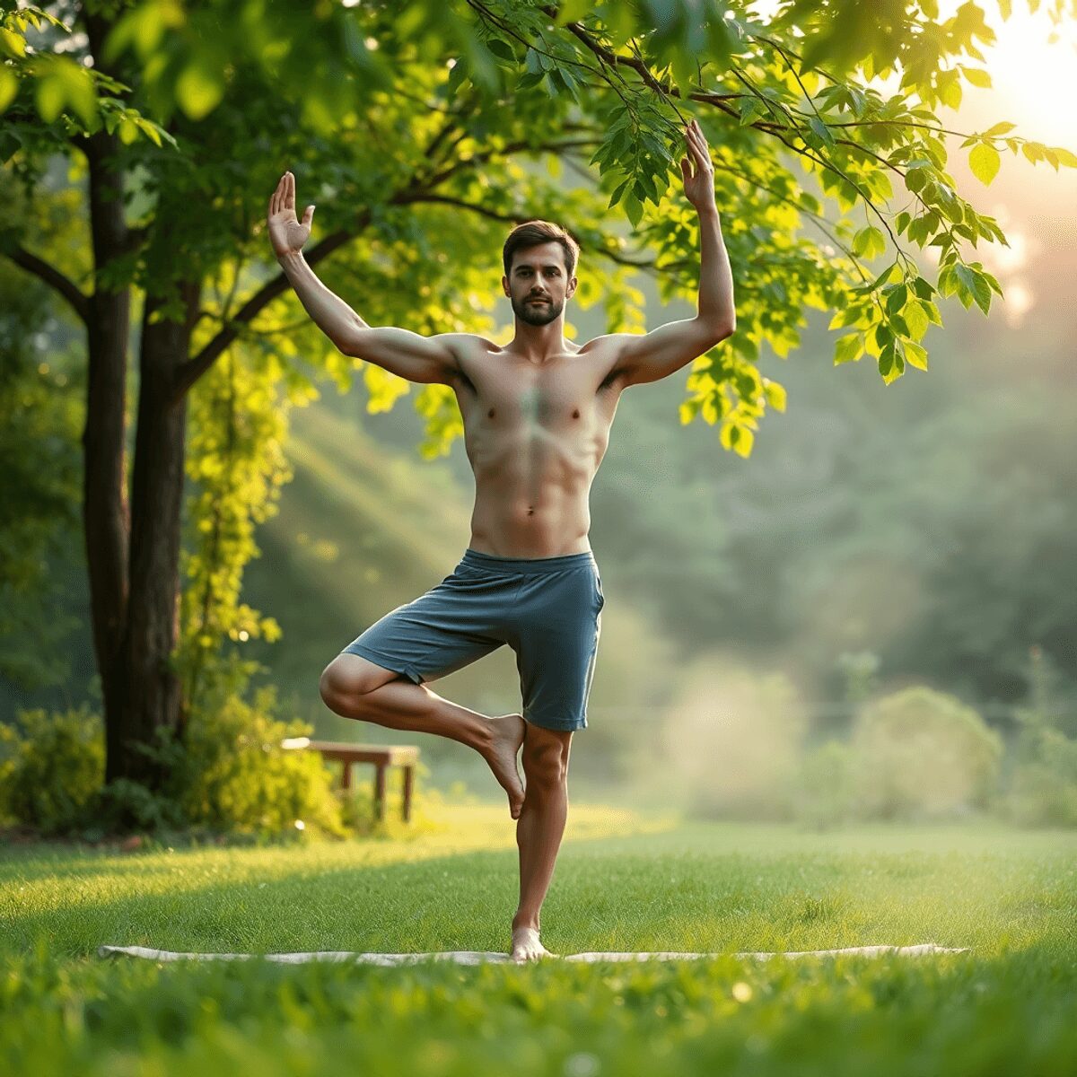Techniques innovantes pour évacuer le stress grâce au hatha-yoga naturiste masculin en 2025 Un homme pratique le hatha yoga pieds nus au lever du soleil dans une forêt verdoyante avec une douce brume et une lumière douce filtrant à travers...