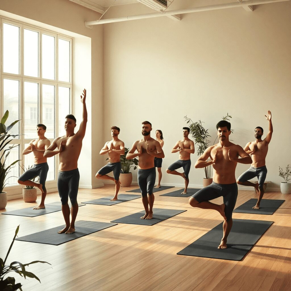 Le regard bienveillant envers soi-même : pilier fondamental du développement personnel via le yoga nu masculin parisien Un studio de yoga serein avec une douce lumière naturelle, des hommes pratiquant des poses de yoga nues, une décoration minimaliste, des plantes et...