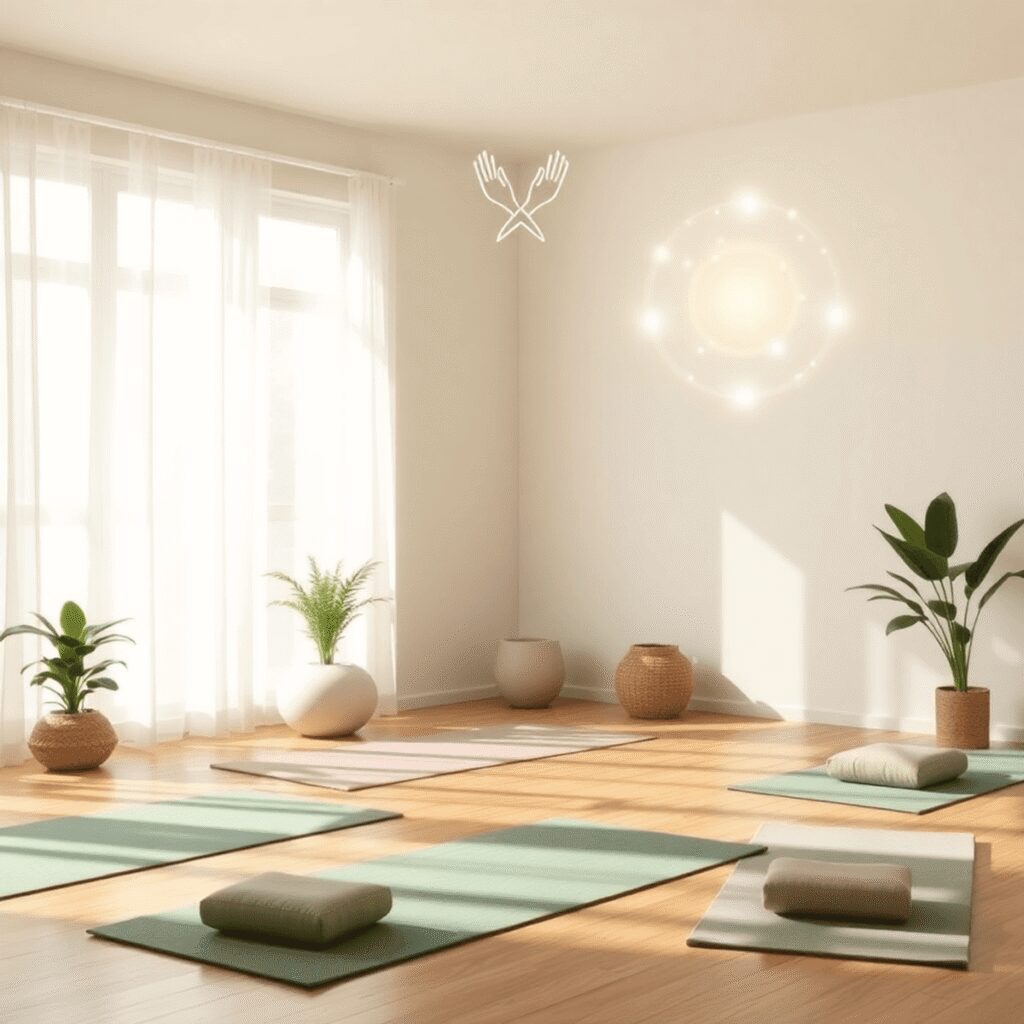 Peut-on pratiquer le yoga nu chez soi sans perdre la dimension collective ? Conseils pratiques Un espace de yoga serein avec des tapis, des coussins, des plantes et des orbes lumineux au-dessus d'un tapis symbolisant la connexion et le calme ...