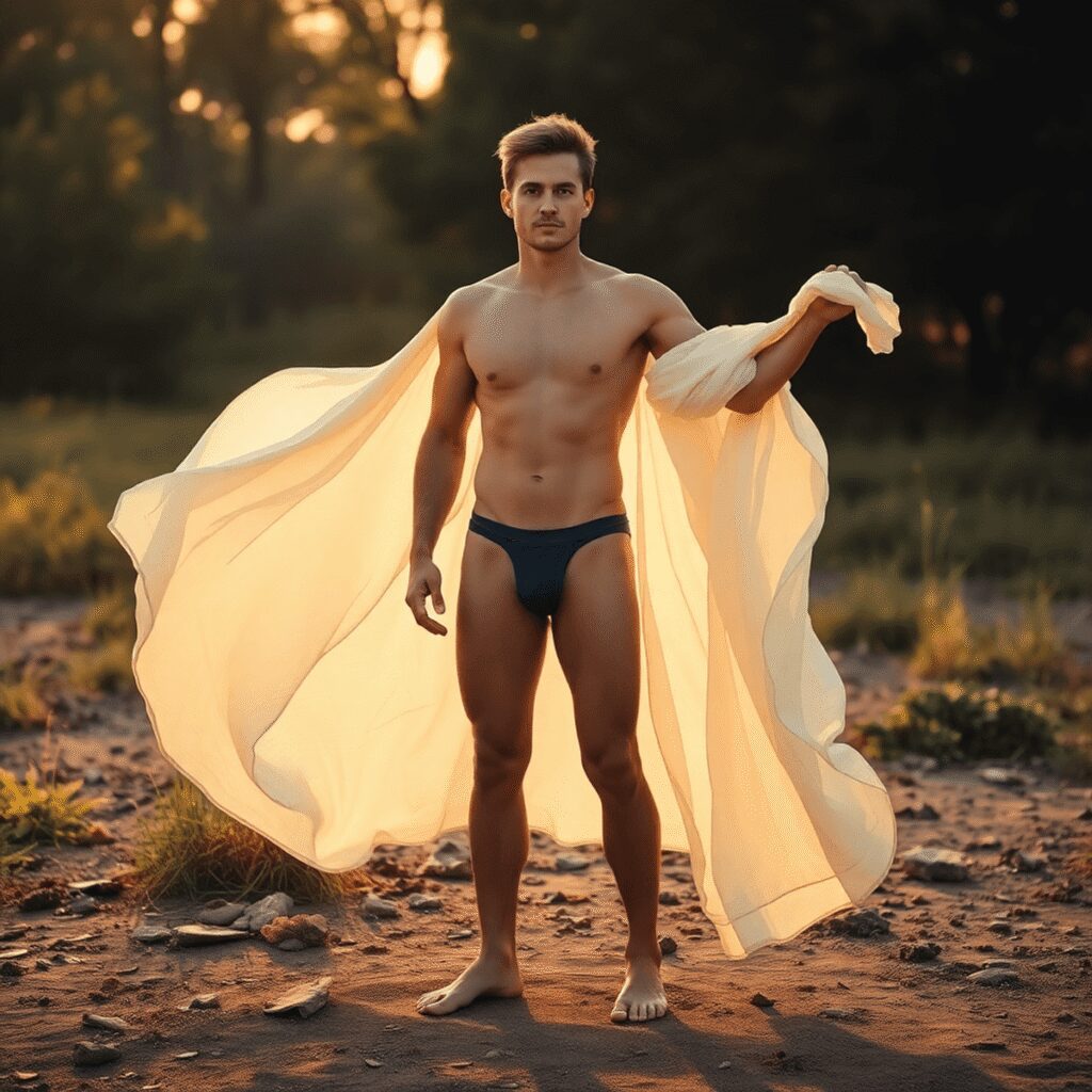 Révéler son énergie masculine profonde grâce au mouvement libre en nudité contrôlée Un homme se tient pieds nus sur un sol naturel au lever du soleil, entouré de tissus flottants, baigné dans une lumière dorée chaude symbolisant la...
