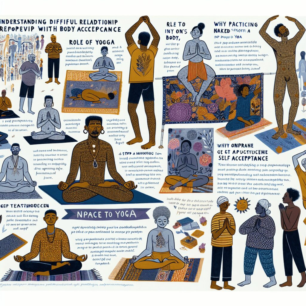 Pratiquer le yoga nu quand on n’aime pas son corps : mode d’emploi Image d'art numérique d'un tapis de yoga avec le symbole d'une fleur de lotus, représentant le sujet de la pratique du yoga.