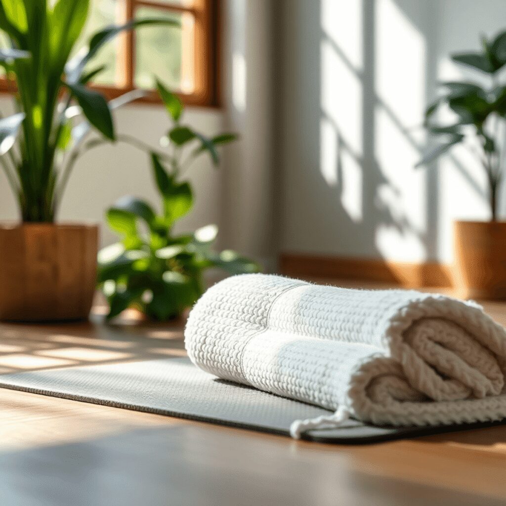 Transpiration, serviette, tapis : le kit indispensable Studio de yoga avec un tapis doux et une serviette à côté de plantes feuillues baignées par une douce lumière du soleil, créant une atmosphère calm...