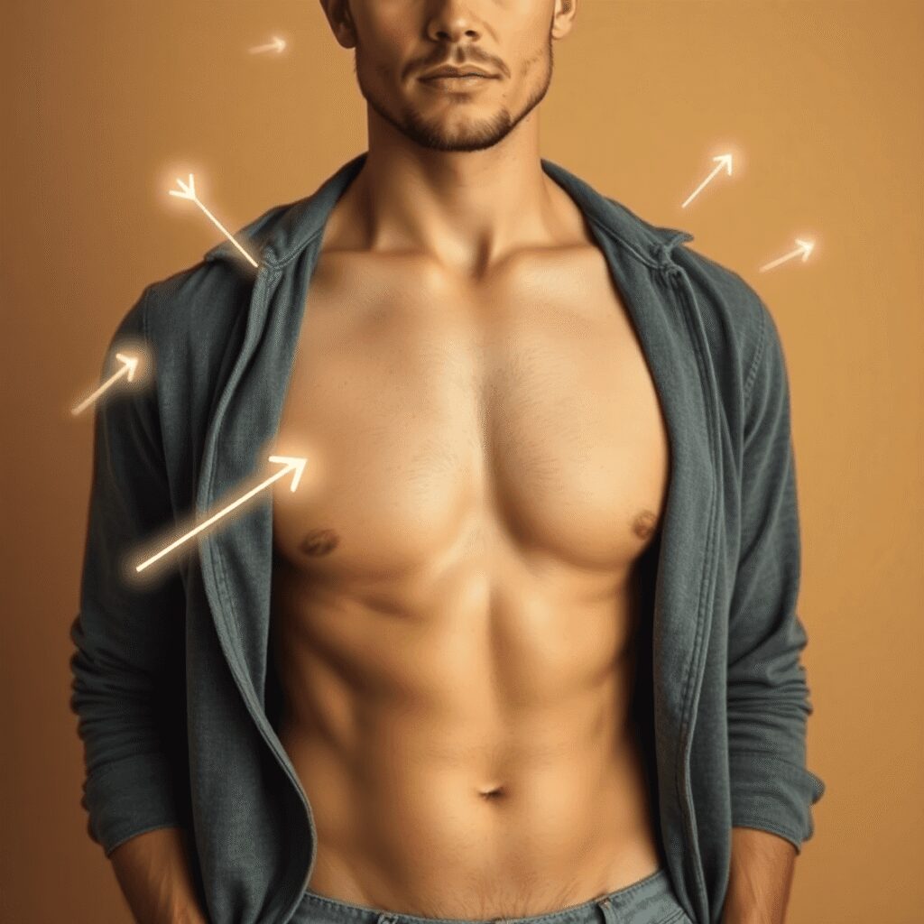 Érection en cours : protocole simple et discret Gros plan du torse d'un homme habillé de manière décontractée avec un éclairage doux, des lignes et des flèches lumineuses abstraites sur un fond c...
