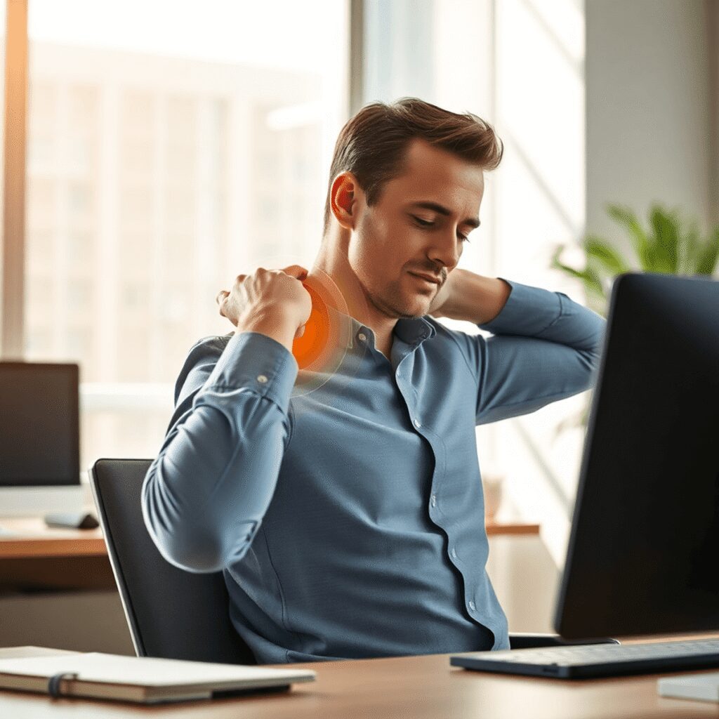 Épaules bloquées : routine « bureau » pour hommes Homme s'étirant les épaules au bureau dans un bureau moderne et lumineux avec une douce lumière naturelle et des lignes lumineuses symbolisant le s...