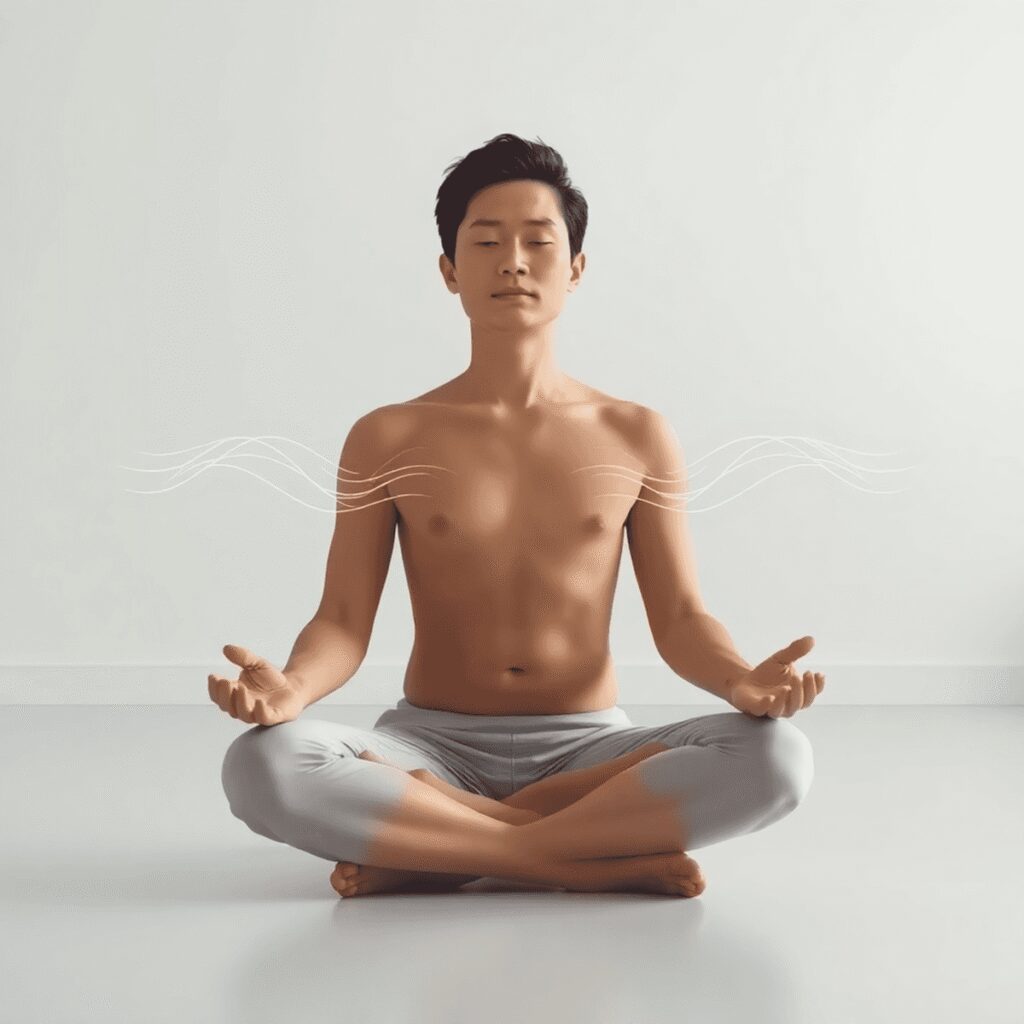 Pranayama pour anxieux : 2 techniques, zéro ésotérisme Personne assise en tailleur dans une pièce minimaliste doucement éclairée, pratiquant la respiration profonde avec des vagues douces autour du tors...