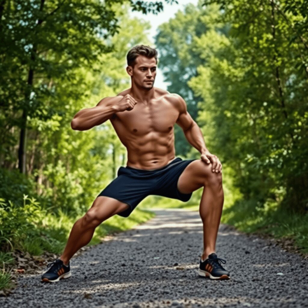 Force : 7 variations sans matériel pour progresser Personne effectuant des fentes et des squats sur un chemin naturel entouré de verdure, montrant sa force et sa forme physique dans un cadre extérie...