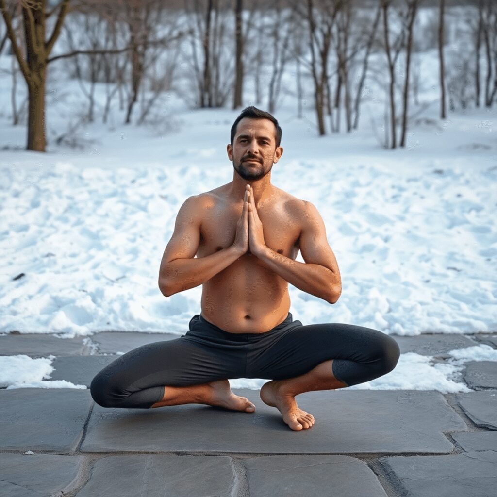 Yoga nu et froid : garder la mobilité sans se crisper Un homme pieds nus pratiquant le yoga nu sur une pierre lisse dans un paysage hivernal avec des arbres nus et enneigés, avec de la vapeur visible d...