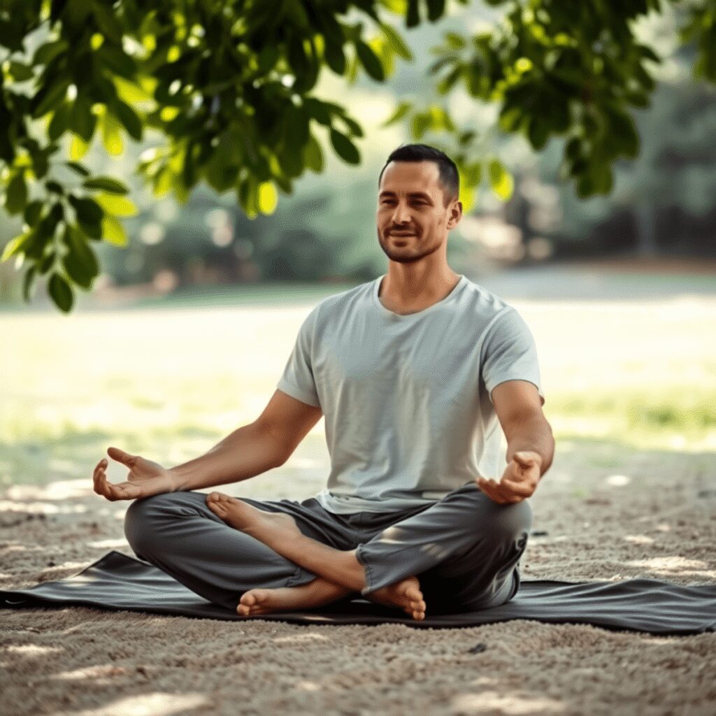 Peau sensible : éviter irritations et frottements au sol Un homme vêtu de vêtements en coton amples est assis en tailleur sur une surface naturelle douce, pratiquant le yoga paisiblement avec la lumière d...