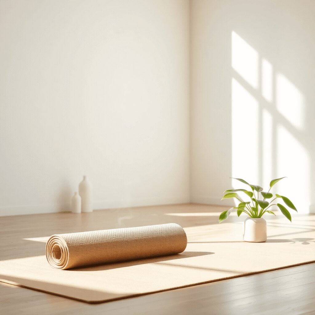 Yoga nu et odeurs : comment rester à l’aise Un studio de yoga serein avec de la lumière naturelle, un tapis de yoga roulé, un diffuseur émettant de la brume, des plantes vertes et des formes ...