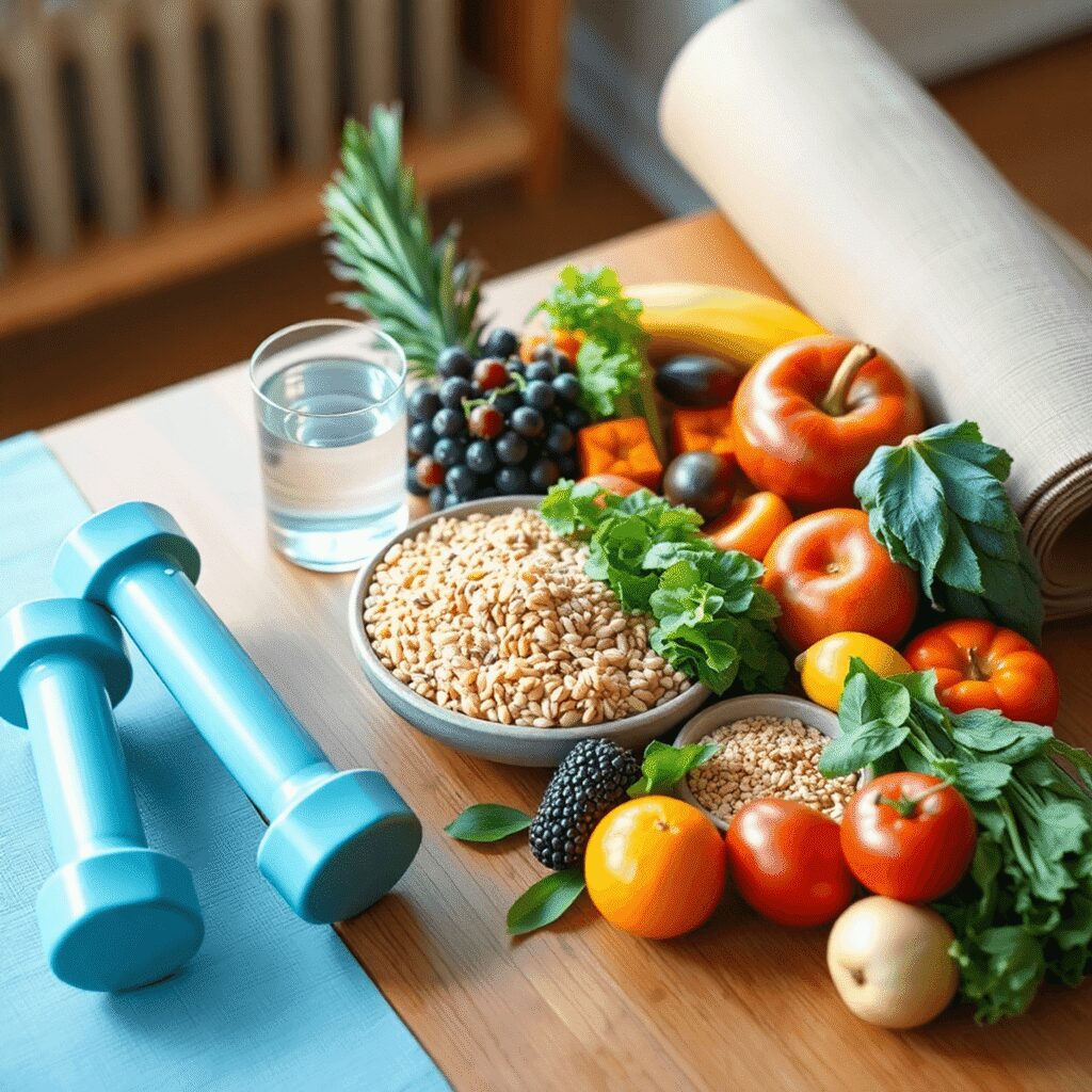 Équilibres : le plan sur 4 semaines pour débuter Une table en bois avec des fruits frais, des légumes, des céréales complètes, un verre d'eau, des haltères et un tapis de yoga enroulé symbolisant ...