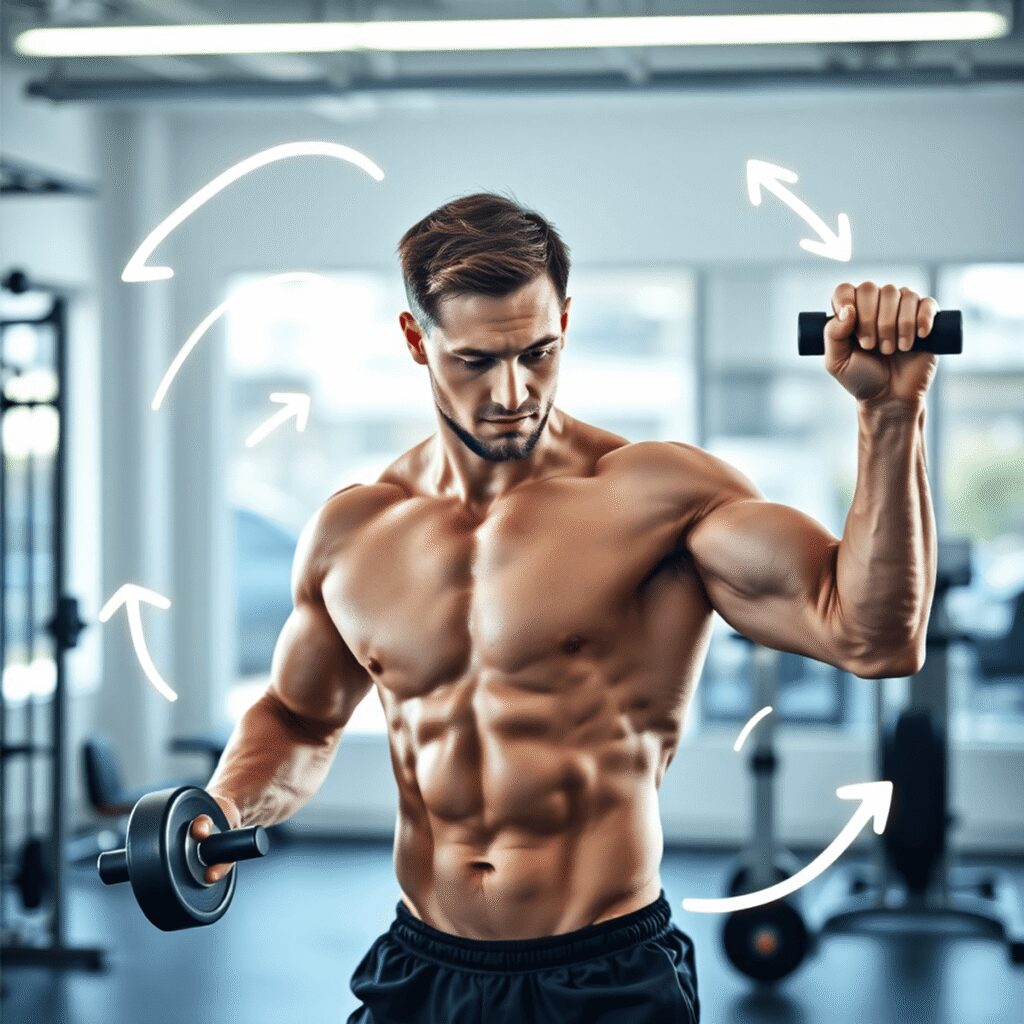 Progresser sans souplesse : mesurer vos vrais gains Homme musclé faisant de l'exercice dans une salle de sport lumineuse, avec des flèches abstraites et des lignes fluides symbolisant l'endurance et ...